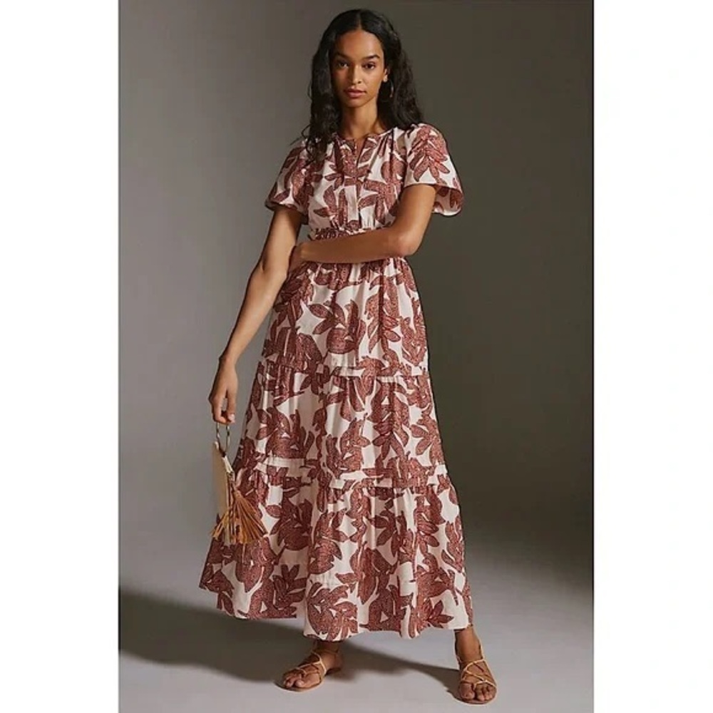 Anthropologie Maxi Dress with Red Leaf Pattern